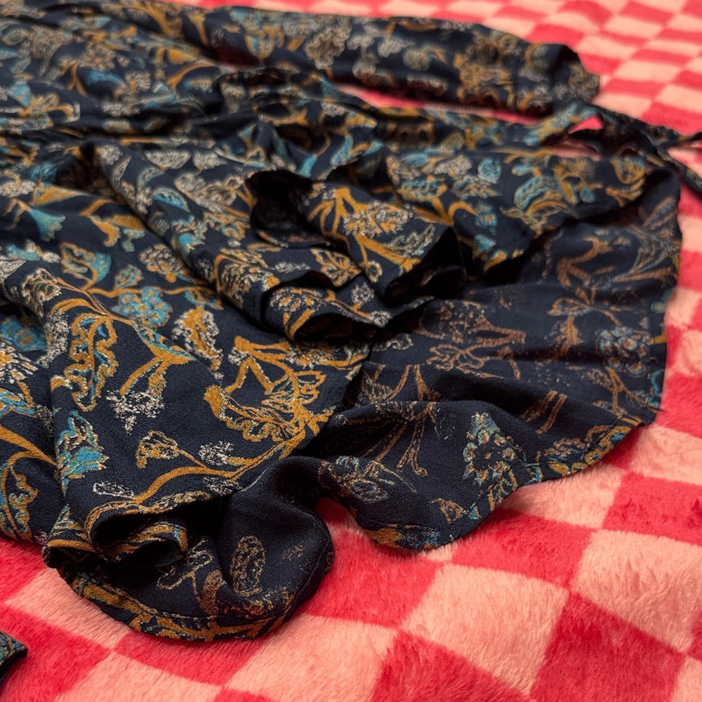 Lucky Brand Navy Floral Wrap Top with Orange Accents - Picture 4 of 6